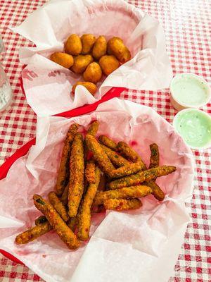 Fried green beans with cucumber wasabi and corn nuggets