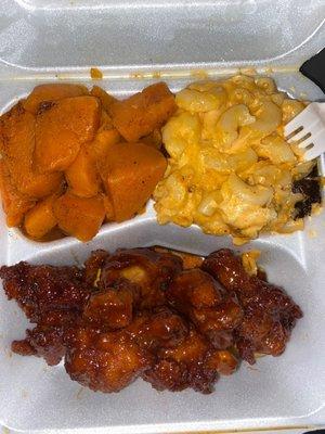 Sticky Honey Garlic Wings with yams and Carolyn's Mac and Cheese