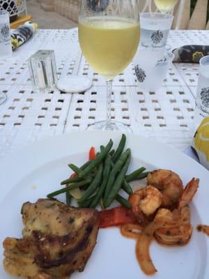 Chicken, shrimp, veggies and a glass of white wine