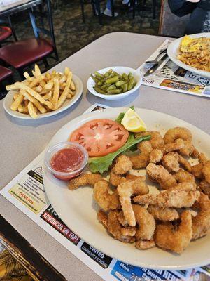 21 piece Shrimp. Sauce. Fries. Salad, Green Beans & Dessert