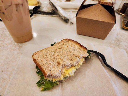 Egg salad sandwich and an ice white chocolate mocha.