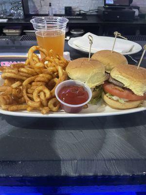 Three beef sliders , curly fries, blue moon