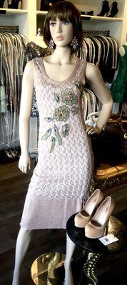 Missoni Floral Sequin Appliqué midi dress, OdlRenta crystal earrings & YSL pumps.