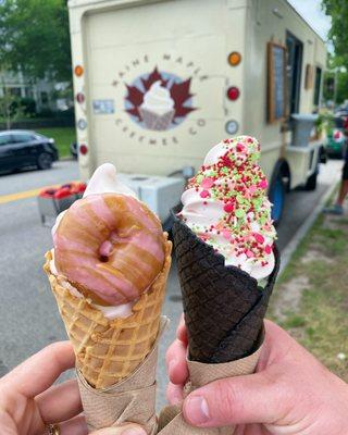 Strawberry / maple twist - one with a mini donut and one w special sprinkles. SO GOOD!!