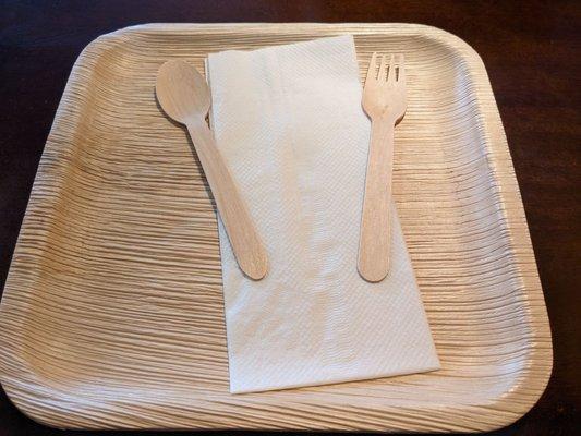 Wooden plates and utensils.