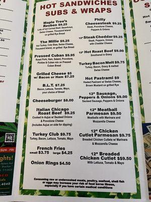 Sandwich menu as of 7-24-24