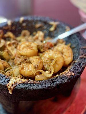 Fabulous Molcajete bowl loaded with perfectly cooked shrimp. Winners Circle :)..,