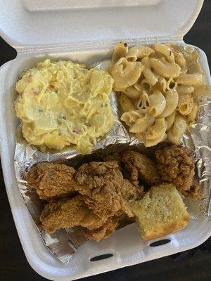 Chicken wings, Mac and cheese, potato salad.