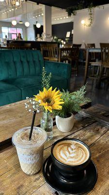 Iced vanilla latte and a regular hot latte