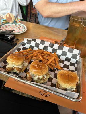 Chicken sliders. No Buffalo sauce. Side of sweet potato fries