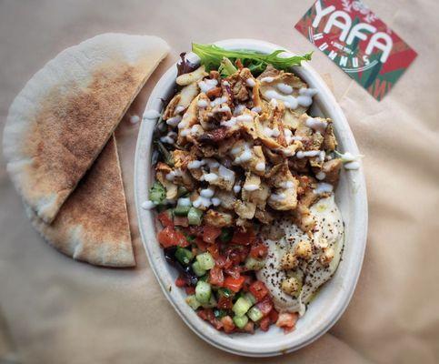 Chicken Shawarma Bowl with a side of Mediterranean Salad & Classic Hummus