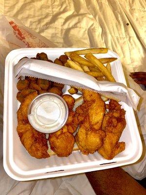 4 pc strip meal with fried okra and seasoned fries.