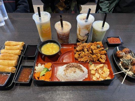 Vegetable Egg Rolls, Popcorn Chicken Rice, Takoyaki