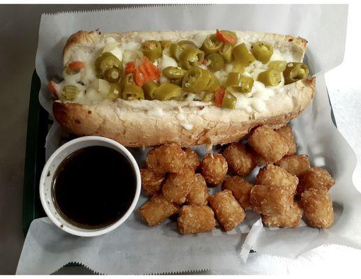 The best Italian Beef around here with mozzarella and giardiniera, served with a side of au jus.