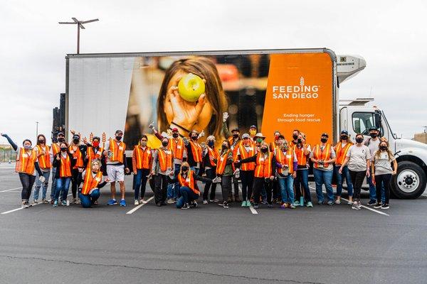 Volunteers at a large scale food distribution