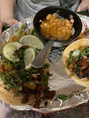 The special when we stopped in - Tacos Al Pastor with charro beans!