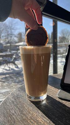 Hot salted caramel latte and a shortbread cookie