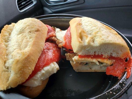 Finished product.  Eggplant,  fresh mozz and roasted peppers