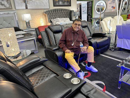 Inside the AR Furniture store working with Alfonso to choose the perfect recliners for my parents.