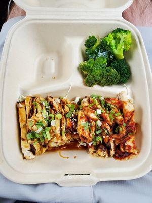 Combo Plate with Chicken Teriyaki and Spicy Chicken with broccoli and a side of potato mac salad(not shown)