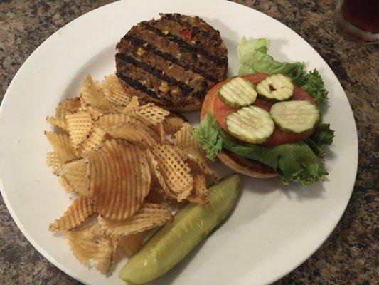 A yummy lunch - homemade chips and veggie burger