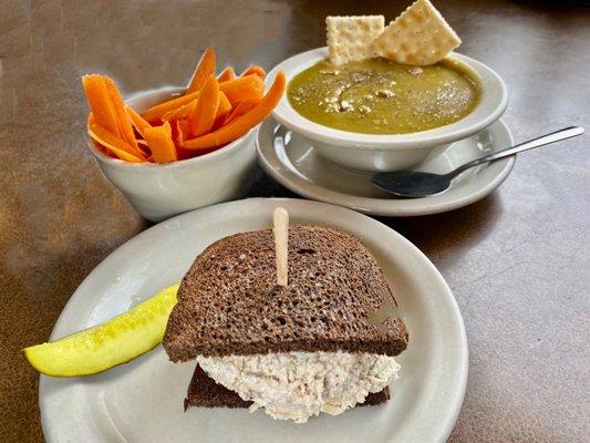 Healthy Lunch. Half a Tuna with a large bowl of split pea soup and a bouquet of carrot sticks. Don't forget the pickle. $9.45