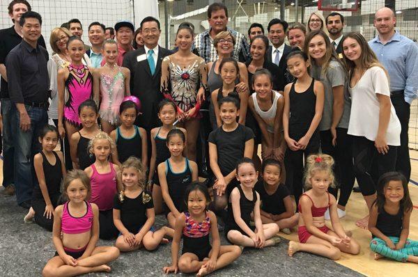 Mayor Steven Choi with EuroGymnastics' gymnasts at the MMTSC Ribbon Cutting event.