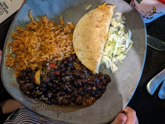 Kids GF dairy free quesadilla with beans and rice