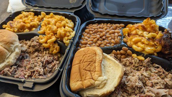 Chopped pork, Mac n cheese, and beans.