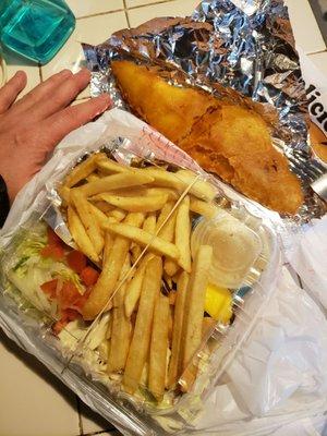 $15 greasy fish fry. Tiny fish, fries, 1/2 cup of shredded lettuce, 1/2 cup of mayo slaw. No macaroni, no potato salad, no slice of bread