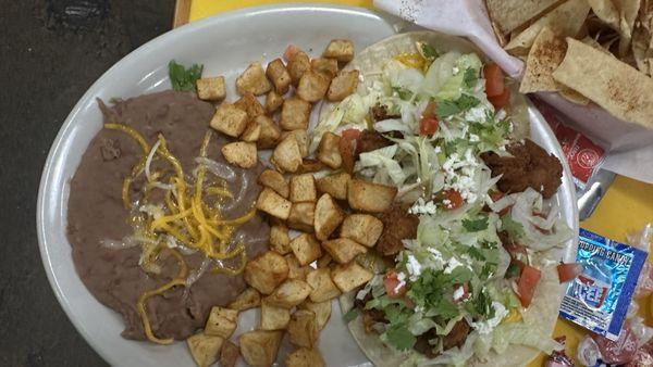 refried beans and Latin potatoes  Beer-Battered Cod Taco Tempura