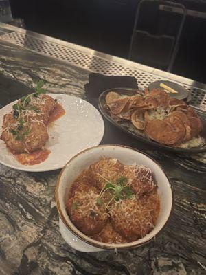 Bleu cheese chips, Meatballs and Caviar Dreams (fried mozzarella with caviar).