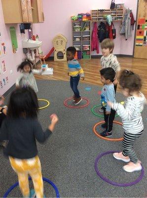 On this rainy day they danced through an obstacle course since going outside was out of the question.