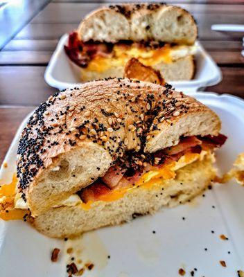 Bacon, egg and cheese on an everything bagel.