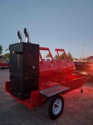 Reverse Flow custom smoker trailer with custom powder coat finish.