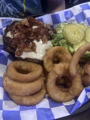 Bacon cheeseburger and onion rings