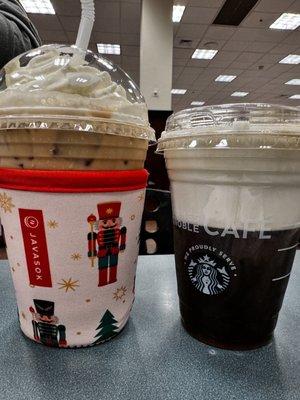 White chocolate peppermint mocha on the left (with oat milk) and quad shot over ice with peppermint cold foam on the right!