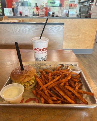 The A-Wonderful Burger w/ raw onions instead of grilled. Plus a side sweet potatoe fries, queso, and honey! Amazing!