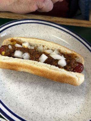 Hotdog with chili and onions