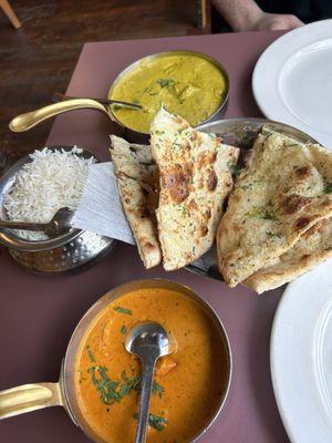 Pistachio Chicken Korma, Garlic Naan, Chicken Tikka Masala