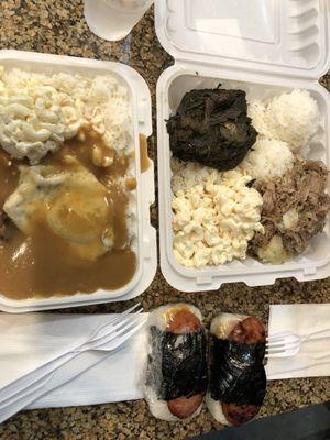 Mini loco moco, combo #8 (lau lau and kalua pork), Portuguese musubi