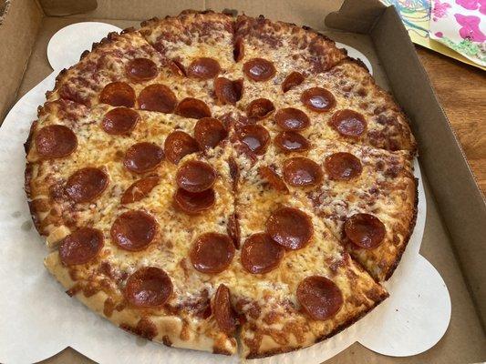 Large pepperoni pizza.