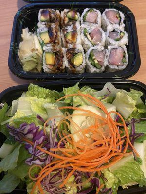 Eel and Avocado Roll, Yellowtail Jalapeno Roll, and Green Salad