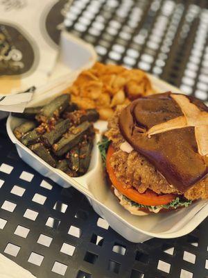 "Fried Chicken" Sandwich with Mac n Cheese and Ginger Okra