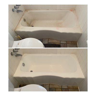 Before and after of a refinished porcelain bathtub. New drain and overflow, new silicone caulking.