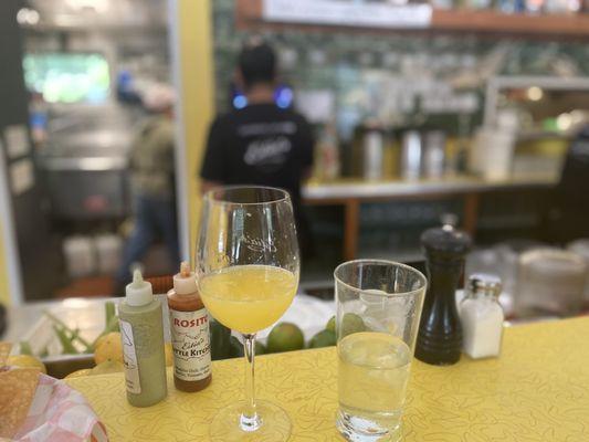 Bar section view, mimosa, their homemade hot sauces !