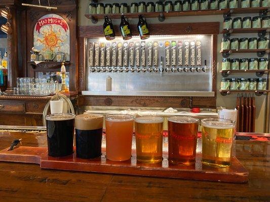 Flight R to L Olde Fort Lager Auburn Lager Good Karma IPA Ruby Raspberry Wheat Harry Baals Irish Stout Jonesing for Java Imperial Porter