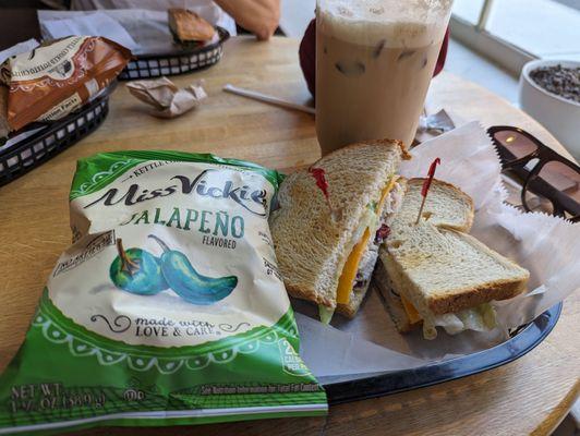 Chicken salad sandwich and iced cappuccino