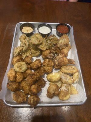 Sampler Platter- Cheesesticks, Fried Pickles, Wings and Mushrooms