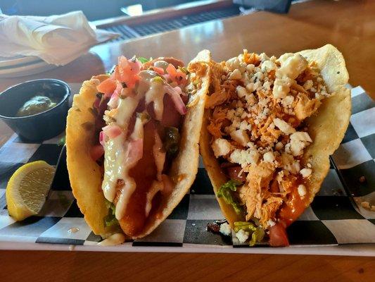 1 crispy fish taco and 1 buffalo chicken taco. Would get the fish again!